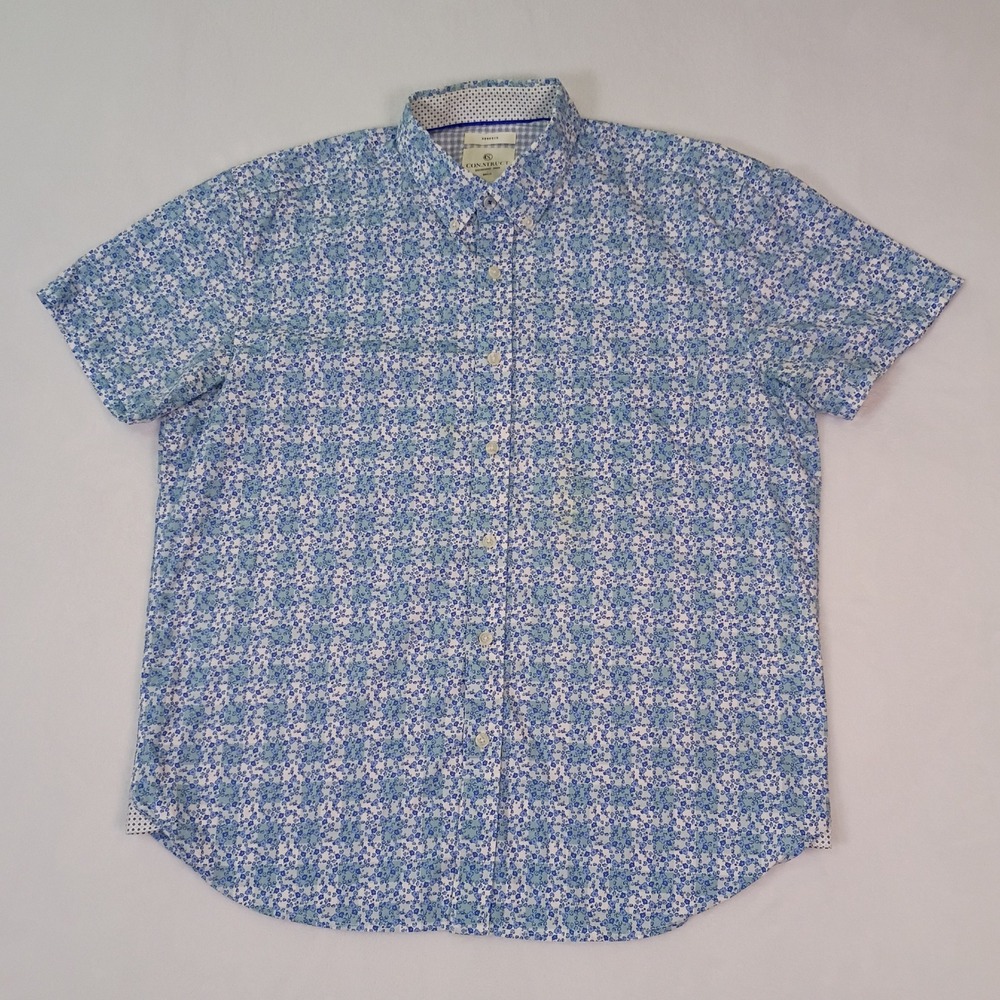 ConStruct Mens Blue White Floral Print Short Sleeve Stretch Button Down Shirt L - Picture 2 of 12